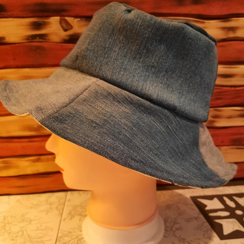 Handmade denim patch scrap Bucket Hat M sustainable